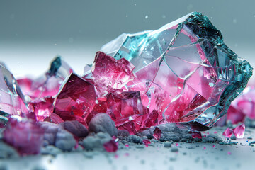 Poster - Minimalist depiction of shattered metal with radiant green and magenta reflections, on a plain white backdrop,