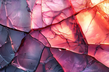 Poster - Fractured metal pieces with luminous edges blending into bright pink and violet, on a plain beige background,
