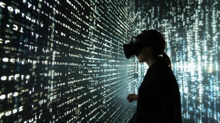 Fototapete - A woman wearing VR goggles stands in front of a wall of binary code, seemingly immersed in a digital experience.