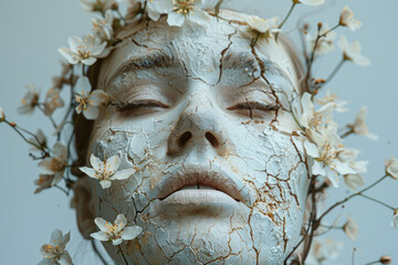Poster - a minimalist sculpture of a woman with delicate flowers sprouting through cracks, set against a plai