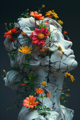 Poster - A surreal depiction of a broken female statue with vibrant flowers growing from its fissures, on a solid black backdrop,