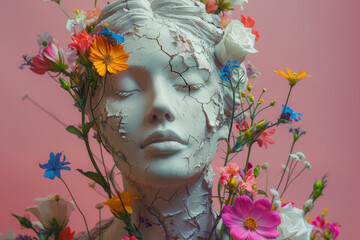Poster - a surreal composition of a woman's statue with colorful flowers sprouting from its cracks, against a