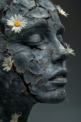 Poster - an abstract background with a woman's sculpture and daisies sprouting from its fissures, against a p