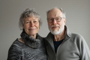 Sticker - Portrait of a glad caucasian couple in their 50s wearing a thermal fleece pullover in front of bare monochromatic room