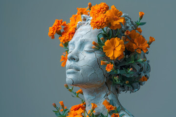 Poster - a minimalist scene of a woman's statue with marigolds growing from its cracks, set against a solid g