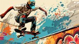 Dynamic vector illustration of a skateboard park, showcasing skaters performing tricks with urban graffiti in the background