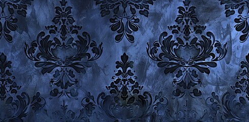 Wall Mural - Decorative wallpaper fragment turquoise blue navy green colored, or abstract pattern of tiled flowers and leaves, or texture useful for backgrounds, such as vignetted and gradient backgrounds