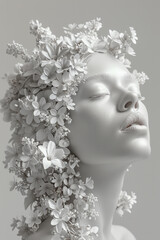 Poster - a minimalist scene of a female bust with delicate flowers growing through its gaps, set against a li