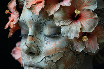 Poster - a surreal depiction of a woman's statue with hibiscus blooms emerging from its fissures, on a solid 
