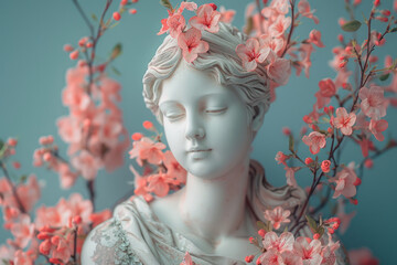 Poster - a minimalist scene of a woman's statue with azaleas growing from its cracks, set against a light blu