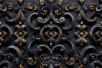 Wall Mural - 3D wallpaper with a floral pattern in gold and black.