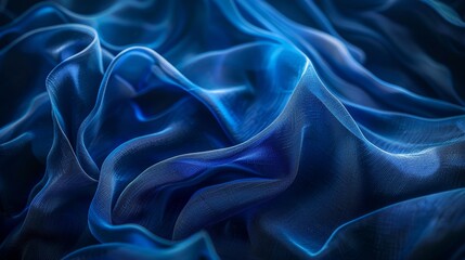 Poster - 4K abstract blue wallpaper with wavy or folded fabric texture. Flowing folds like liquid waves. White modern background.