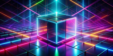 Aufkleber - Vibrant 3D rendered cube abstract geometric background with neon lights and dark shadows, conveying futuristic technology concept and modern digital aesthetic.