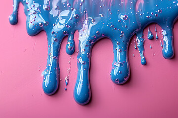 Poster - Abstract image of nails with electric blue polish dripping in delicate lines, against a pastel pink background,