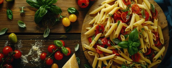 Wall Mural - Top view of delicious penne pasta with fresh tomatoes and basil on a rustic wooden table, perfect for a culinary presentation.