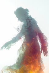Poster - Minimalist depiction of a human figure with scales that transition into soft, ethereal colors, against a white background,