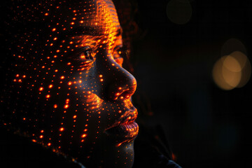 Poster - Abstract image of a person with scales forming intricate, glowing patterns, against a solid black backdrop,