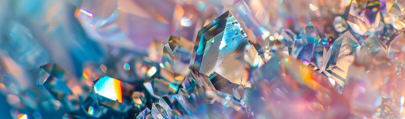 Poster - This is a 3D render with abstract crystal background, iridescent texture, macro panorama, faceted gem, and wide panorama polygonal wallpaper with a faceted gem.