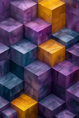 Poster - a minimalist design featuring 3d cubes in purple and yellow, arranged in a geometric pattern on a wh