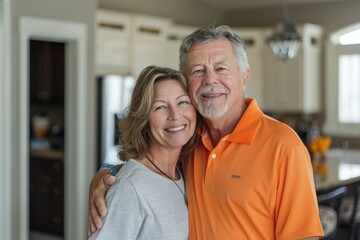 Wall Mural - Portrait of a blissful couple in their 50s wearing a breathable golf polo isolated on stylized simple home office background