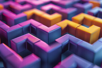 Poster - A complex geometric pattern of interlocking purple and yellow 3D cubes, creating a sense of depth,