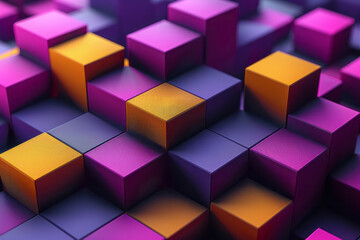 Poster - an abstract pattern of purple and yellow 3d cubes, with shadows adding depth and dimension,
