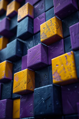 Poster - a geometric pattern with randomly placed purple and yellow 3d cubes, creating an eye-catching design
