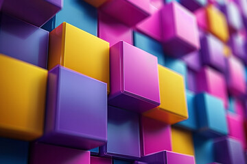 Wall Mural - An abstract geometric background with purple and yellow 3D cubes, creating a modern and stylish look,