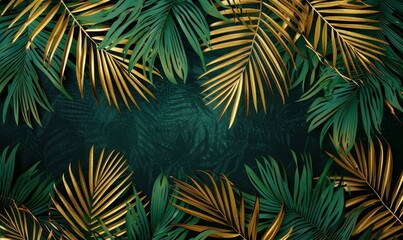 Wall Mural - A tropical leaf on a green background. Palm leaves photo wallpaper. Golden leaves.