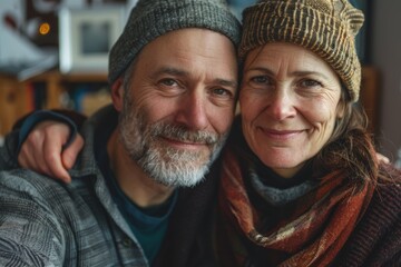 Sticker - Portrait of a tender caucasian couple in their 50s donning a warm wool beanie isolated in stylized simple home office background