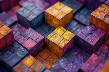 Poster - an intricate geometric pattern with 3d cubes in varying shades of purple and yellow, creating a text