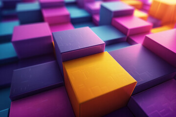 Poster - an abstract design featuring 3d cubes in purple and yellow, arranged in a diagonal geometric pattern