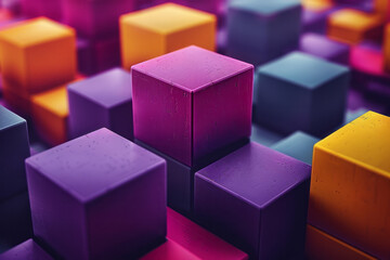 Poster - a minimalist abstract pattern of purple and yellow 3d cubes, arranged in a symmetrical geometric for