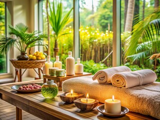 Spa accessory composition set in day spa hotel , beauty wellness center . Spa product are placed in luxury spa resort room , ready for massage therapy from professional service . : Generative AI