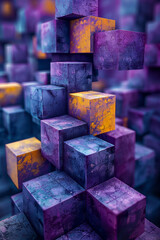 Poster - a geometric pattern with layered 3d cubes in purple and yellow, creating a multi-dimensional look,