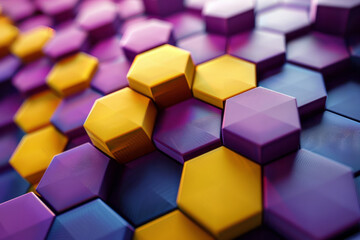 Poster - An abstract background with 3D cubes in purple and yellow, arranged in a honeycomb geometric pattern,