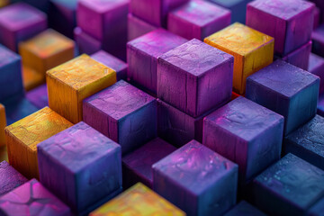 Poster - a geometric design with purple and yellow 3d cubes forming a mosaic-like pattern,