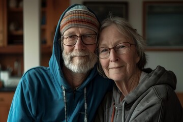 Wall Mural - Portrait of a tender caucasian couple in their 70s sporting a comfortable hoodie on stylized simple home office background