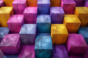 Poster - a minimalist pattern featuring 3d cubes in purple and yellow, aligned in a diagonal geometric grid,