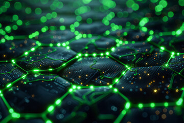 Wall Mural - A dynamic image of a hexagonal network with glowing green nodes, set against a complex digital background of interconnected circuits,