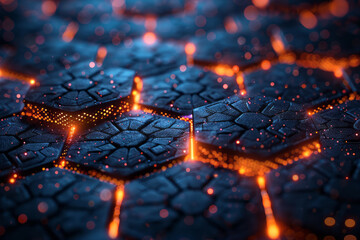 Poster - a futuristic hexagonal pattern with bright, pulsating nodes, against a dark digital background with 