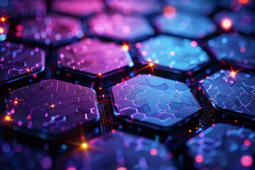 Poster - An abstract composition of a glowing hexagonal grid, with a high-tech digital background featuring holographic elements,