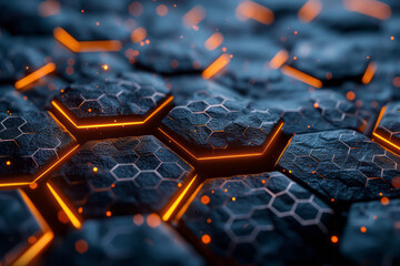 Poster - An intricate image of a hexagonal grid with glowing nodes, overlaid on a dark digital background with geometric patterns,