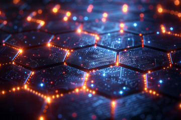 Poster - a surreal depiction of a hexagonal network with glowing nodes, against a high-tech digital backdrop 