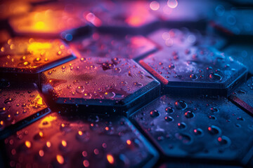 Poster - An abstract illuminated hexagonal pattern with vibrant bokeh effects on a dark background, creating a mesmerizing visual,
