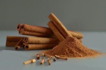Poster - A pile of cinnamon sticks placed next to a container of cinnamon powder, ideal for baking or cooking projects