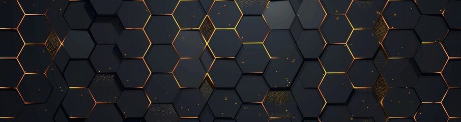 Poster - Embrace the luxury of hexagonal black metal background with golden light lines. Dark geometric texture illustration. Bright grid pattern. Pure black horizontal banner wallpaper. Carbon elegance for a