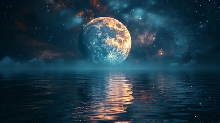 In the vast expanse of space, two moons reflection each other on water surface, stars and milky way in background, 