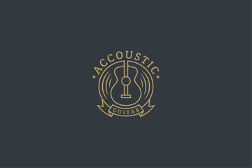 Acoustic guitar logo with vintage classic design in line art design style