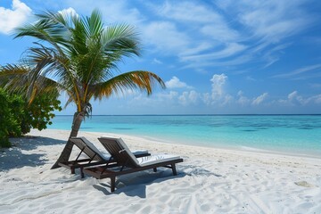 Chaise lounge near palm tree on beach sand with blue sea